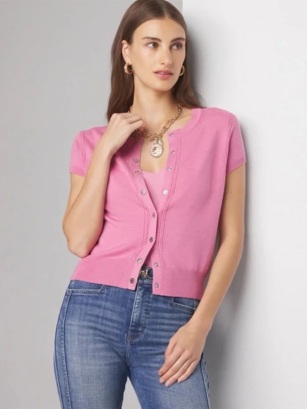 NWT WHBM Crewneck Pointelle Cardigan Sweater Sz XL and  matching V neck Cami